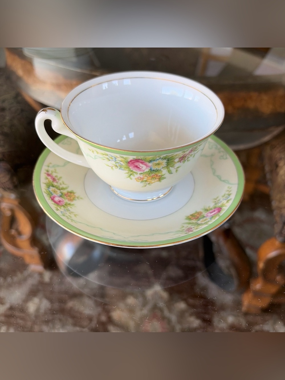 Grace China “Floral Garden” Tea Cup/Saucer-Green Trim/Floral Print
